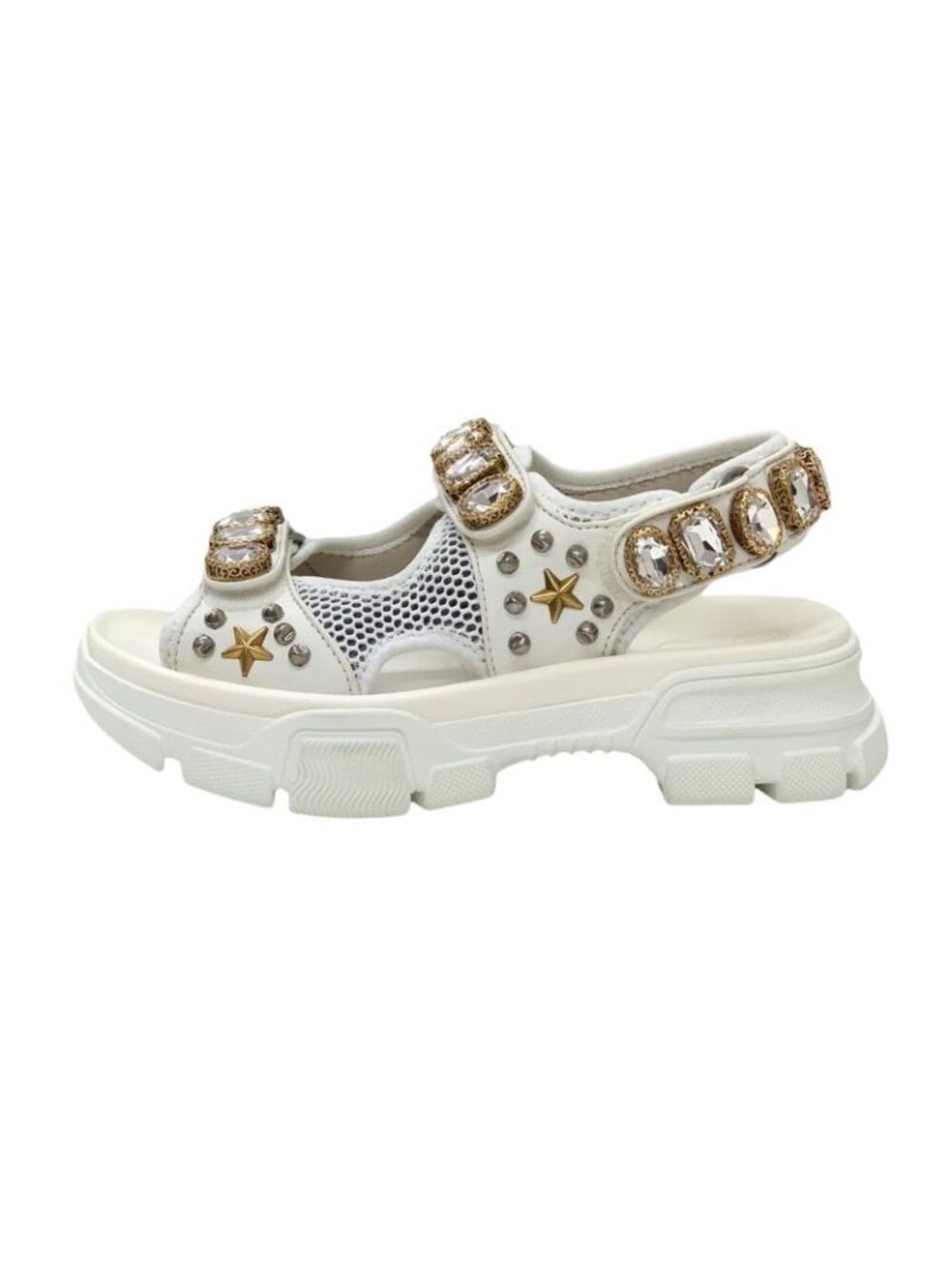 Gucci Sandals Shoes Mesh Leather White Gold Silver Sports Flat - Picture 4 of 11